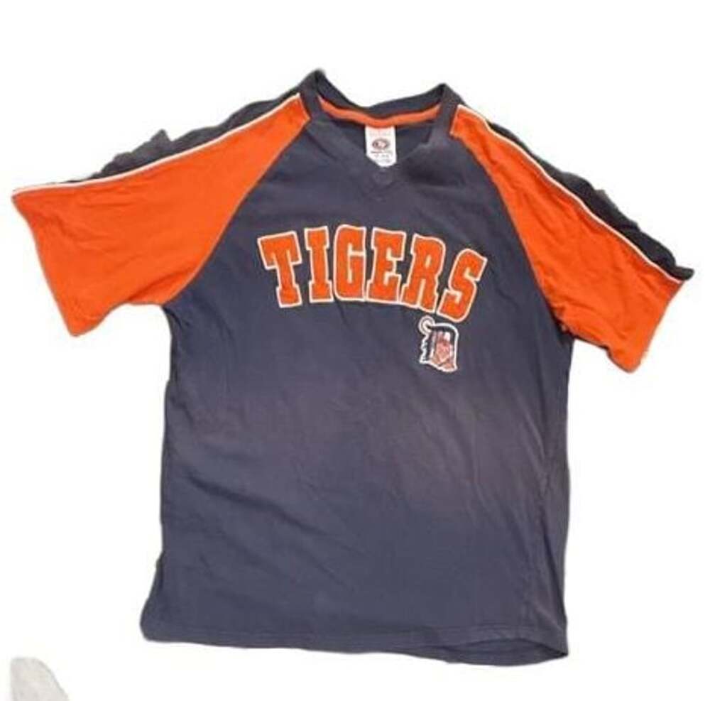 True Fan Detroit Tigers Jersey Size XL Blue Orange V-Neck Short Sleeve